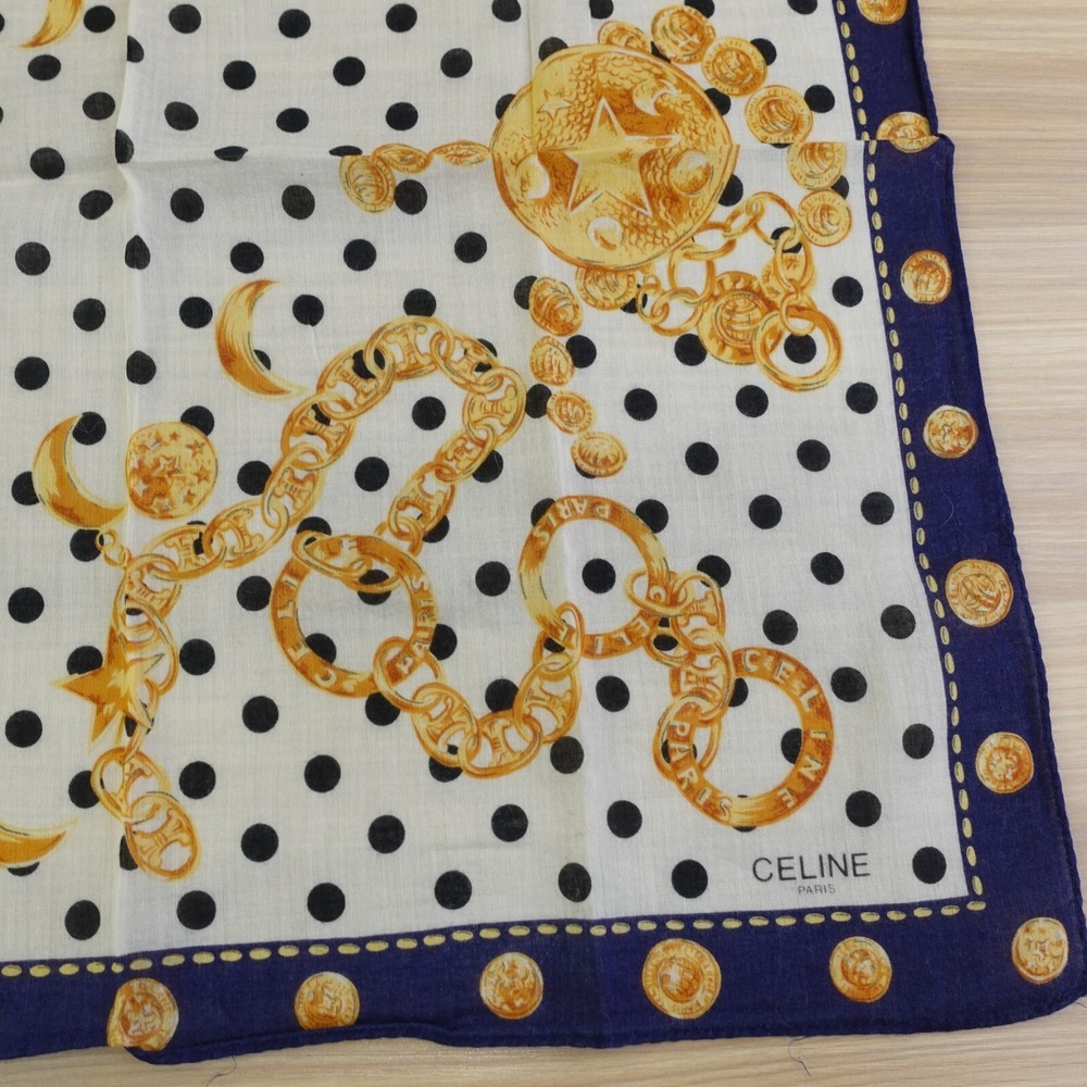 90s VTG CELINE Paris Handkerchief Blue Gold Medallion Chain Dots AUTH Luxe 17x17 - Picture 10 of 11